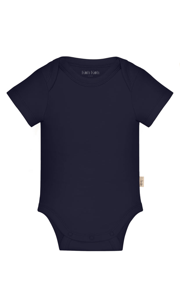 KOH KOH - Kids Short Sleeve Cotton Solid Lap Shoulder Baby Onesie Bodysuit - Dark navy Blue