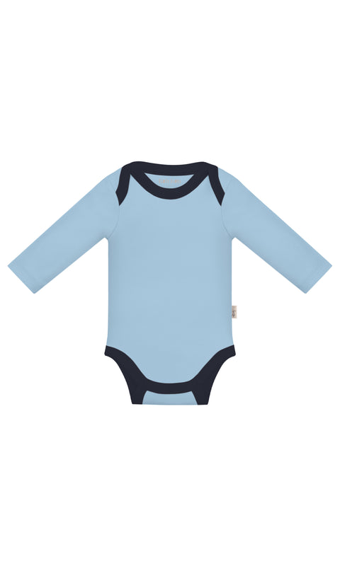 KOH KOH - Kids Long Sleeve Cotton Two Tone Color Block Baby Onesie Bodysuit - Sky Baby Ligt Blue & Dark Navy Blue