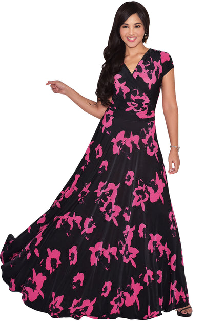 ALEXIS - Womens Floral Printed Cap Sleeves Full Floor Gown Maxi Dress - Black & Red
