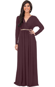 TIFFANY - Long Sleeve Kaftan Fall Flowy V-Neck Maxi Dress Gown Abaya