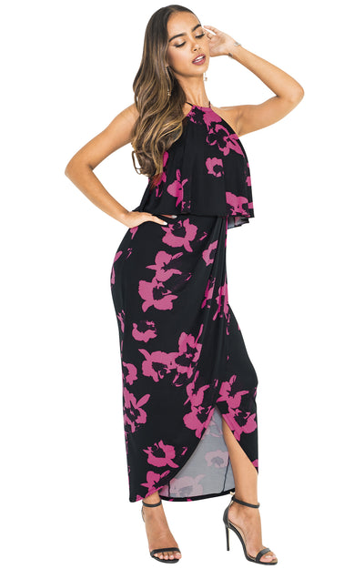 AVERY - Sexy Halter High Low Floral Print Cocktail Maxi Dress - Black & Pink
