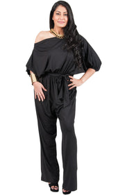 Adelyn & Vivian Plus Size Off Shoulder 3/4 Sleeve Casual Evening Jumpsuit - Black / 2X Large