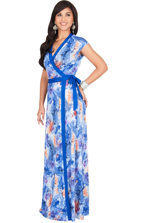AVA - Womens Cap Sleeve Maxi Dress Sexy Print Summer Floral Gown