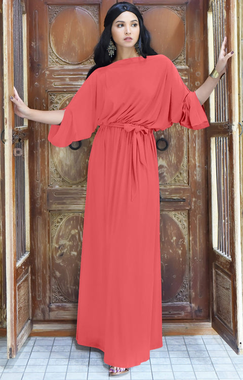 BETSI - Long Flowy Casual Half Short Sleeve Elegant Dressy Maxi Dress - Watermelon Pink / 2X Large