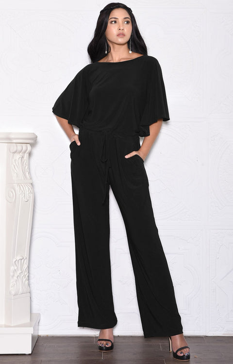 BRITTANY - Dressy Short Sleeve Boat Neck Jumpsuit - Black / 2X Large