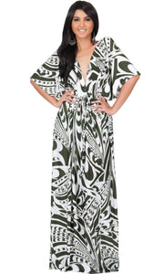 CLAIRE - Kimono Sleeve Cocktail Long Maxi Dress - Green & White / Large
