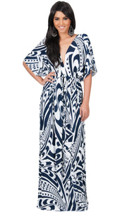 CLAIRE - Kimono Sleeve Cocktail Long Maxi Dress - Navy Blue & White / Large