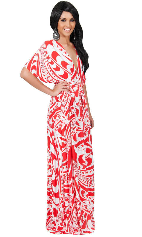 CLAIRE - Kimono Sleeve Cocktail Long Maxi Dress - Red & White / Large