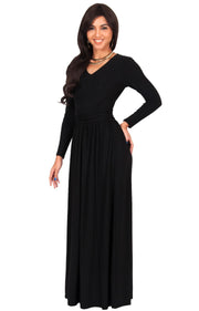 CORDELIA - Long Sleeve V-Neck Pleated Casual Fall Day Maxi Dress Gown