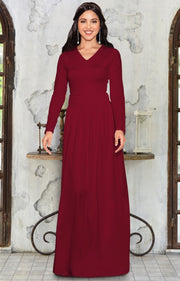 CORDELIA - Long Sleeve V-Neck Pleated Casual Fall Day Maxi Dress Gown - Crimson Dark Red / Extra Large