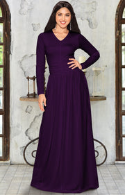 CORDELIA - Long Sleeve V-Neck Pleated Casual Fall Day Maxi Dress Gown - Purple / Extra Large