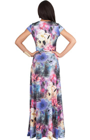 DAPHNE - Cap Sleeve V-Neck Floral Printed Maxi Dress