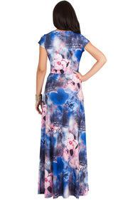 DAPHNE - Cap Sleeve V-Neck Floral Printed Maxi Dress