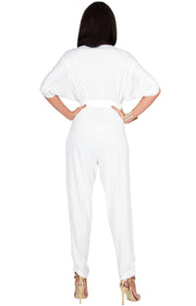 EDITH - Short Split Sleeve V-Neck Crossover Elegant Jumpsuit