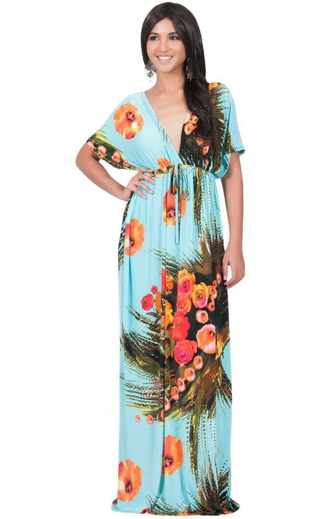 EMMA - Floral Printed Hawaiian Kimono Styled Sleeve Maxi Dress - Turquoise / Large