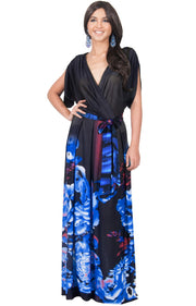 EVA - Batwing Dolman Sleeve Floral Print Maxi Dress - Blue & Black / 2X Large