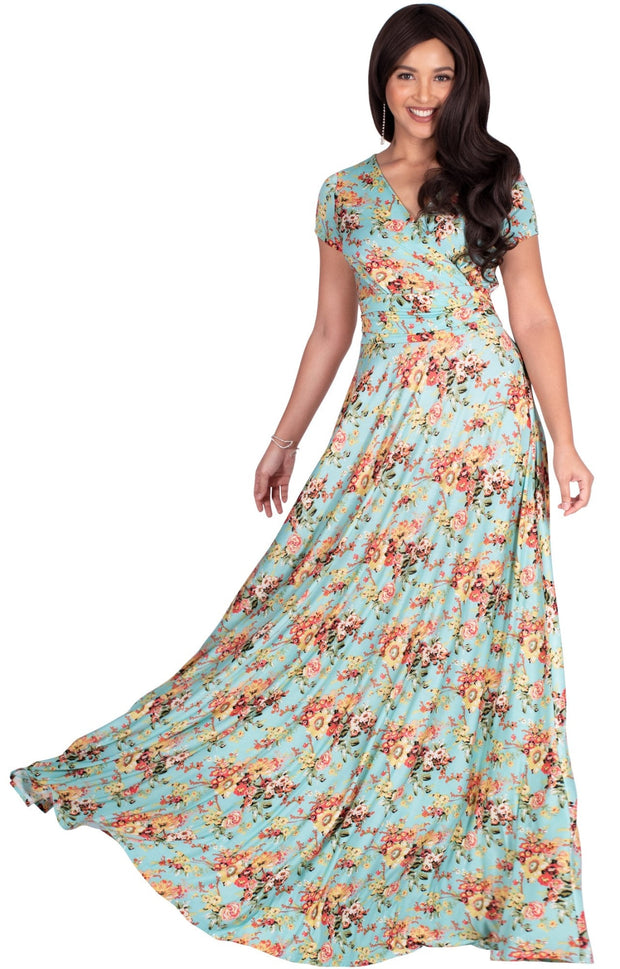 ISABELLA - Long Cap Sleeve Floral Print Flowy Maxi Dress Summer Gown - Green & Yellow & Pink / Extra Small