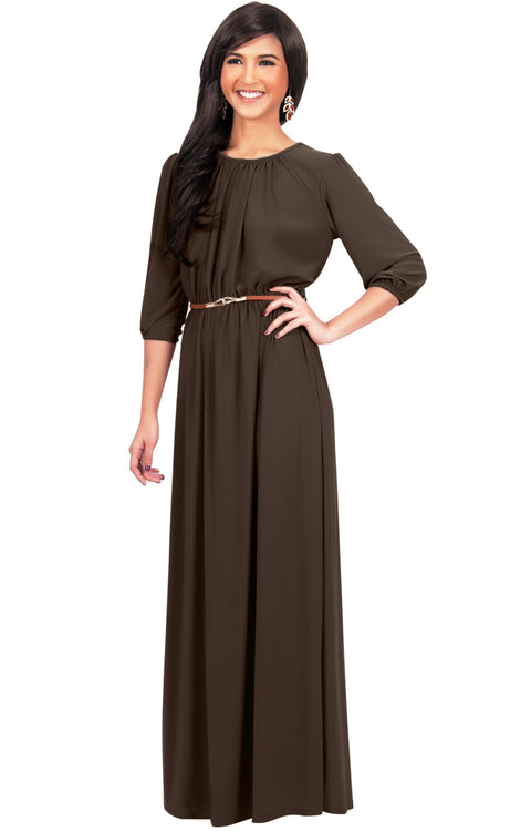 IVY - Long 3/4 Sleeve Pleated Dressy Modest Peasant Maxi Dress Gown