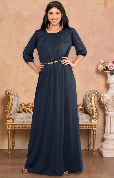 IVY - Long 3/4 Sleeve Pleated Dressy Modest Peasant Maxi Dress Gown - Slate Gray Grey / 2X Large