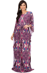 KADEN - Boho Maternity Kaftan Long Abaya Moroccan Maxi Dress - Pink Purple & Blue / Large