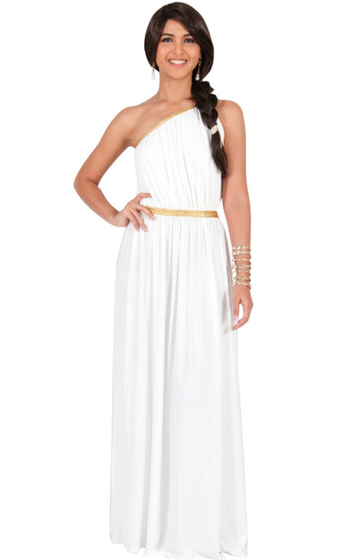 KYLIE - Cleopatra Maxi Dress Evening Bridesmaid for Summer Gown w/ Gold Braid - White / 2X Large
