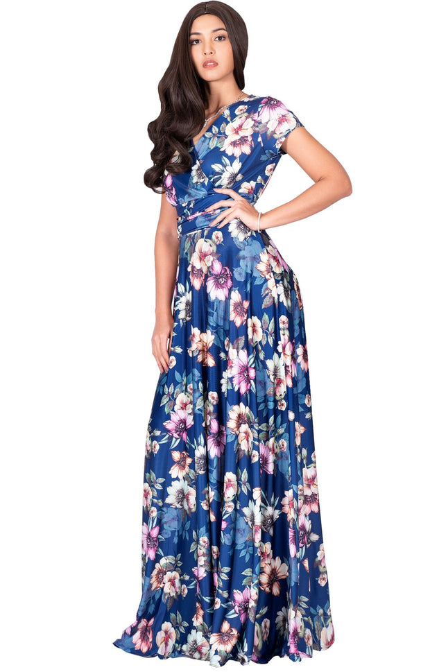 LACY - Long Flowy Short Cap Sleeve Summer Floral Print Maxi Dress Gown