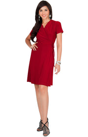 LELA - Summer Tunic Sexy Cover Up Short Sleeve Midi Mini Dress - Red / Medium