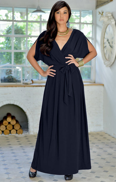 LISA - Long Formal Short Sleeve Evening Bridesmaid Maxi Dress Gown - Black / Extra Small