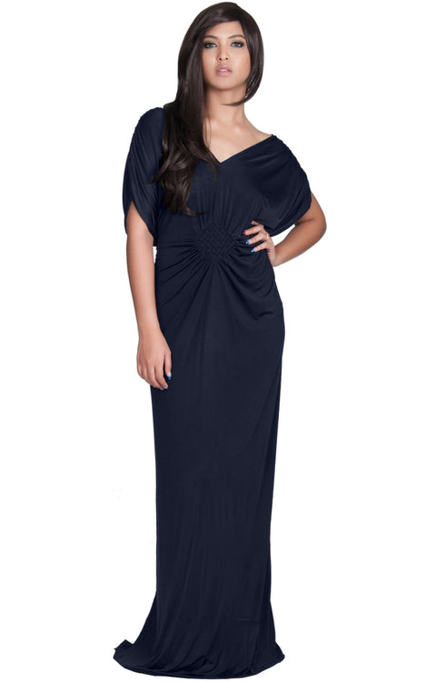 NICOLE - Elegant Grecian VNeck Cocktail Long Maxi Dress - Dark Navy Blue / 2X Large