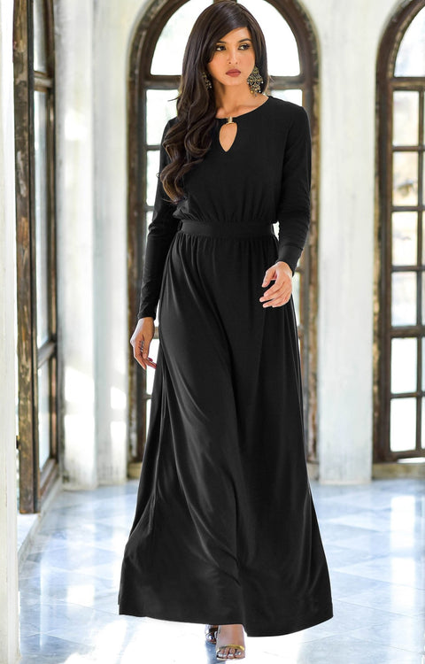 PAMELA - Winter Fall Long Sleeved Maxi Dresses for Women Modest Warm - Black / 2X Large