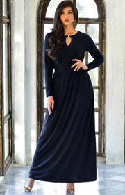 PAMELA - Winter Fall Long Sleeved Maxi Dresses for Women Modest Warm - Dark Navy Blue / 2X Large