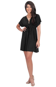 PEARL- Kimono Sleeve Casual Cover Up Party Summer Sundress Mini Dress - Black / 2X Large