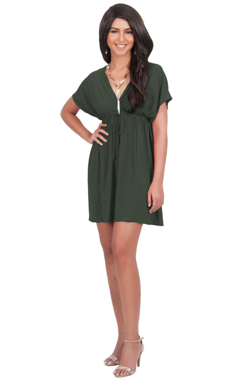 PEARL- Kimono Sleeve Casual Cover Up Party Summer Sundress Mini Dress - Olive Green / 2X Large