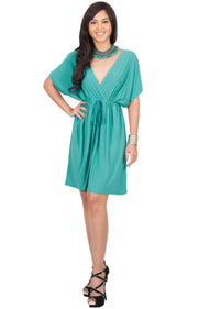 PEARL- Kimono Sleeve Casual Cover Up Party Summer Sundress Mini Dress - Turquoise / 2X Large