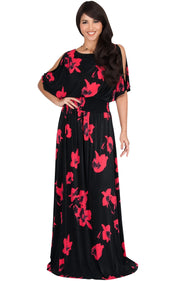 PETRA - Floral Print Split Sleeve Round Neck Maxi Dress - Black & Red / 2X Large