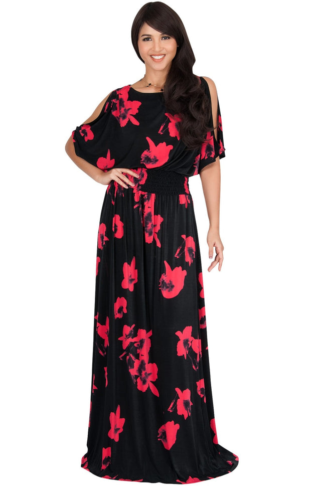 PETRA - Floral Print Split Sleeve Round Neck Maxi Dress - Black & Red / 2X Large