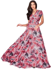 QUIN - Long Flowy Short Cap Sleeve Summer Floral Print Maxi Dress Gown - Red & White / Extra Small