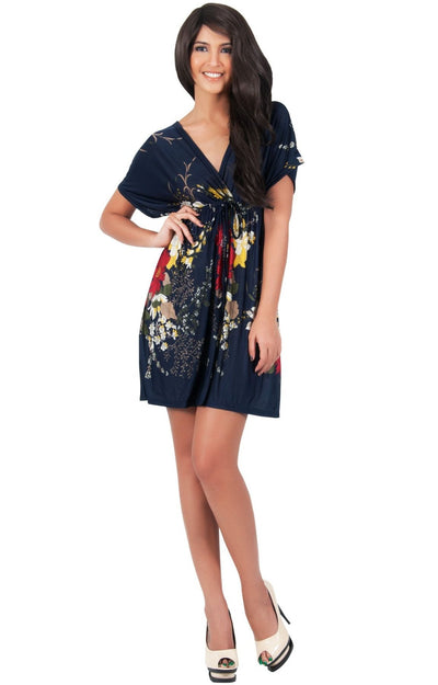RUBY - Kimono Short Floral Print Beach Sun Knee Length Mini Dress - Black / 2X Large