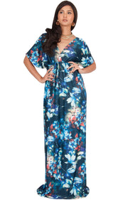 RUVA - Sun Summer Beach Flower Long Kimono Casual Print Maxi Dress - Blue & Green / 2X Large