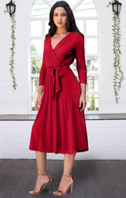 SARITA - Swing V-Neck 3/4 Sleeve Wrap Casual Knee Length Midi Dress - Red / Medium