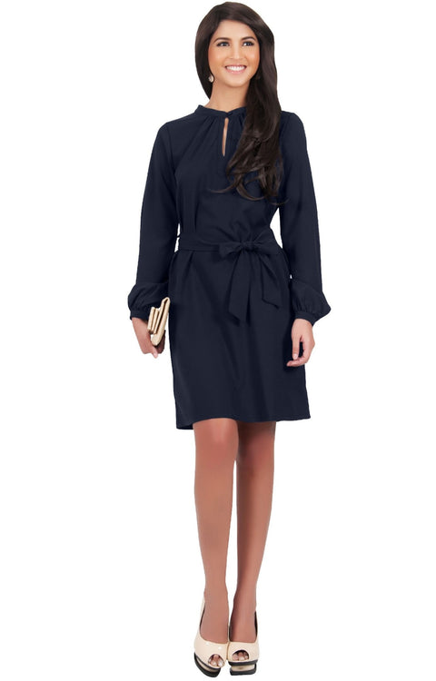 SCARLETT - Long Sleeve Knee Length Dress with Belt - Dark Navy Blue / 2X Large