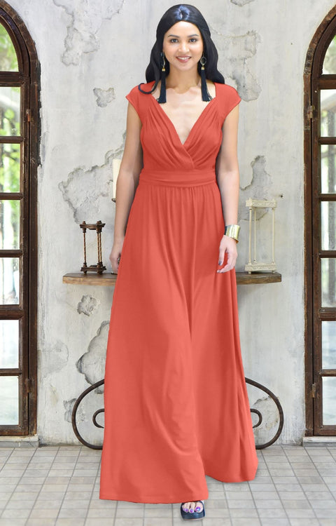 VALERIE - Bridesmaid Cap Sleeve Cocktail Wedding Gown Long Maxi Dress - Coral / Pink Peach / 2X Large