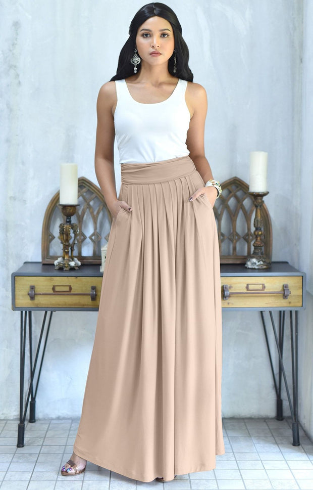 ZIYA - High Waist Long Flowy with Pockets Maxi Skirt - Tan Light Brown / 2X Large