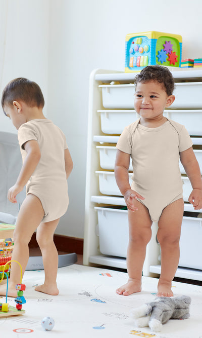 KOH KOH - Kids Short Sleeve Cotton Solid Lap Shoulder Baby Onesie Bodysuit - Light Beige Brown