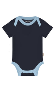KOH KOH - Kids Short Sleeve Cotton Two Tone Color Block Baby Onesie Bodysuit - Dark Navy Blue & Sky Baby Light Blue