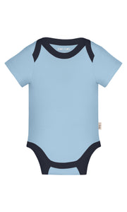 KOH KOH - Kids Short Sleeve Cotton Two Tone Color Block Baby Onesie Bodysuit - Sky Baby Light Blue & Dark Navy Blue
