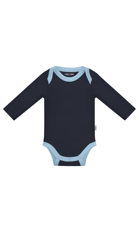 KOH KOH - Kids Long Sleeve Cotton Two Tone Color Block Baby Onesie Bodysuit - Dark Navy Blue & Sky Baby Light Blue