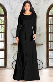 BELLA - Full Sleeve Fall Winter Tall Modest Flowy Maxi Dress Gown - Black