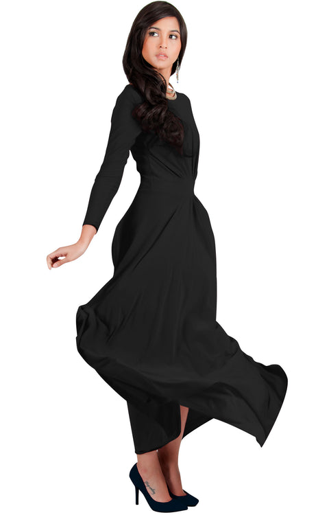 BELLA - Full Sleeve Fall Winter Tall Modest Flowy Maxi Dress Gown 