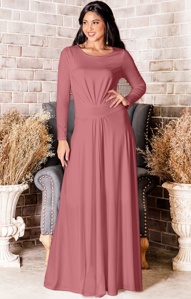 BELLA - Full Sleeve Fall Winter Tall Modest Flowy Maxi Dress Gown - Cinnamon Rose Pink